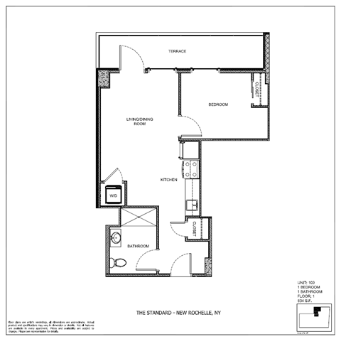 Floor plan for 1 bed, 1 bath, 534 sqft
